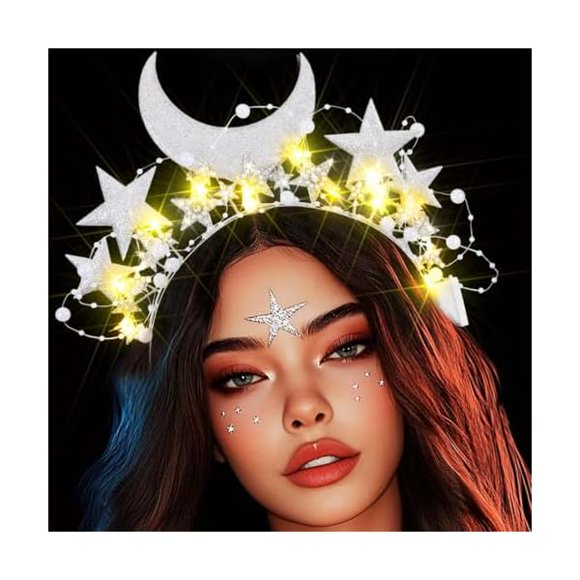 wonima44 Fashey Light Up Star Headband Silver Halo Crown Glitter Moon Hairband Hair Accessories for Women (Silver, One size)