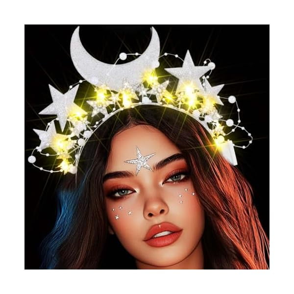 wonima44 Fashey Light Up Star Headband Silver Halo Crown Glitter Moon Hairband Hair Accessories for Women (Silver, One size)