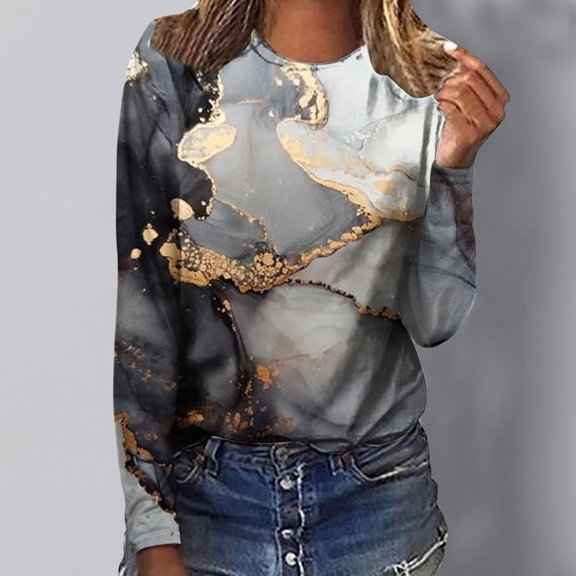 Teissuly Women's Ladies Round Neck Loose Tops Casual Print T-Shirts Long Sleeve Blouse