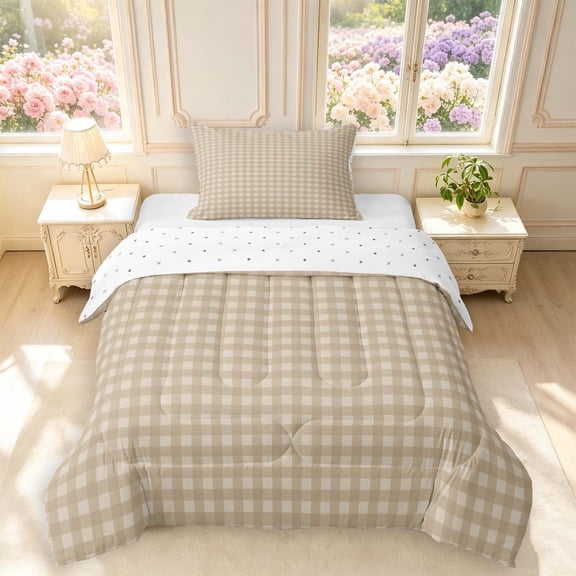 Manfei Retro Grid Twin Comforter Sets,Classic Plaid Bedding Set,White Beige,Reversible,2-Piece,1 Comforter and 1 Pillowcase,2-Piece,1 Comforter and 1 Pillowcase