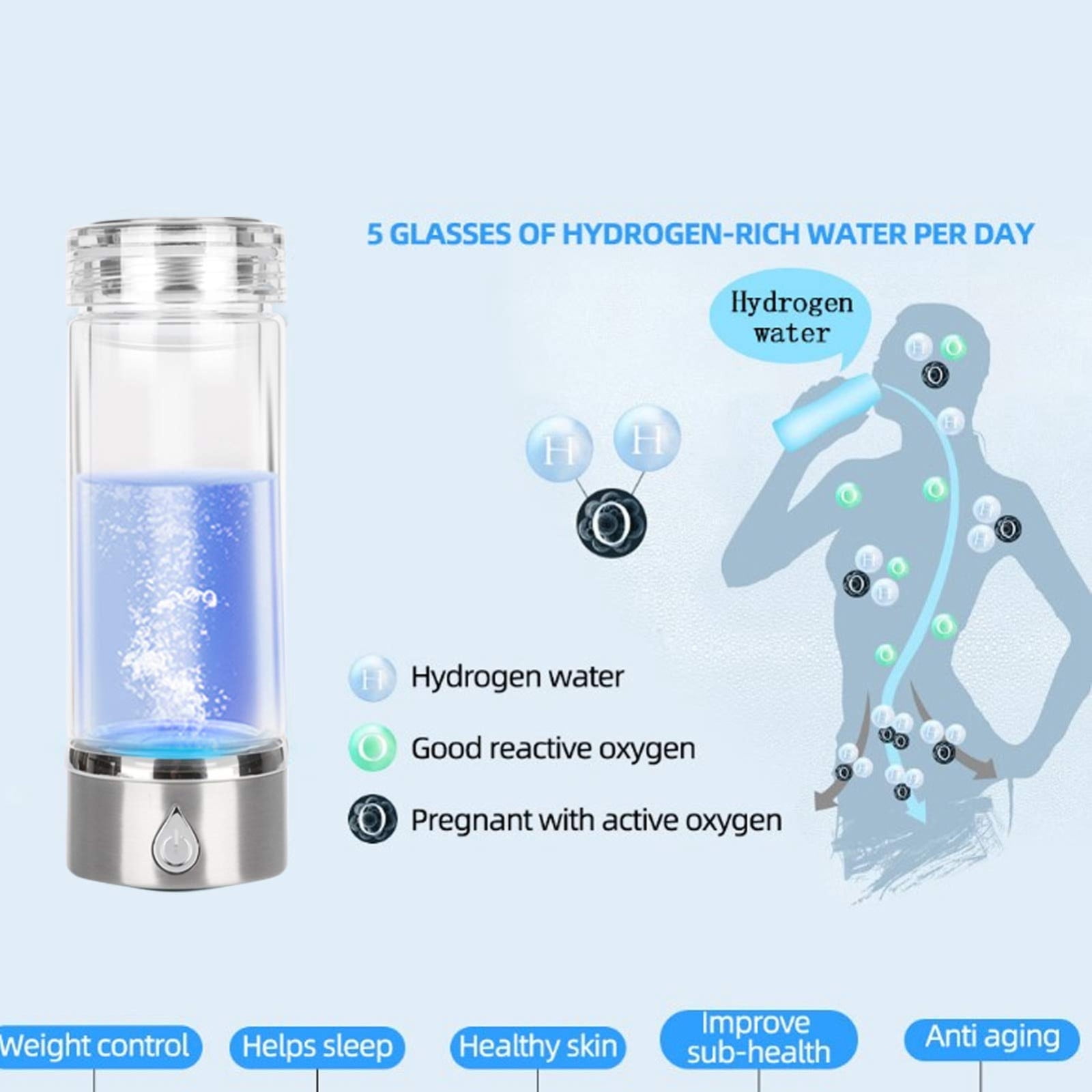 Hydrogen Water Bottle, Portable Glass Generator 380ml with SPE PEM Technology, Rechargeable Ionizer for Drinking
