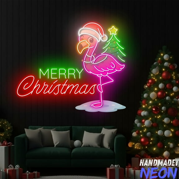 Handmadetneonsign Christmas Flamingo Neon Sign, Merry Christmas Sign, Flamingo Lover Gift