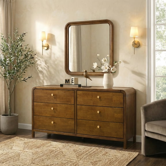 Roundhill Furniture Eldren 6-Drawer Wood Dresser with Mirror, Walnut Finish