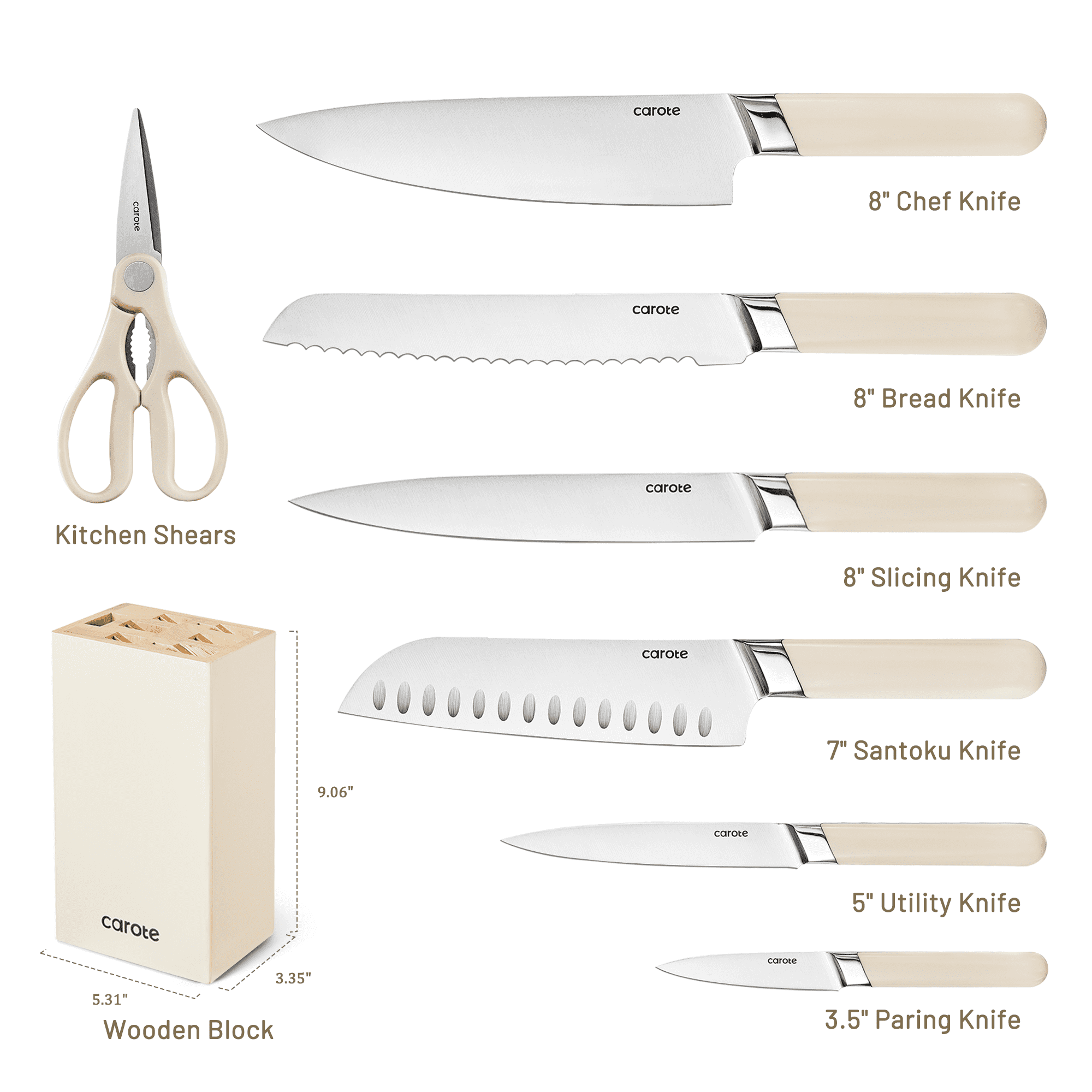 Carote 8PCS Kitchen Knife Block Set, Razor-Sharp Blade, Essential Set with Block, Dishwasher Safe