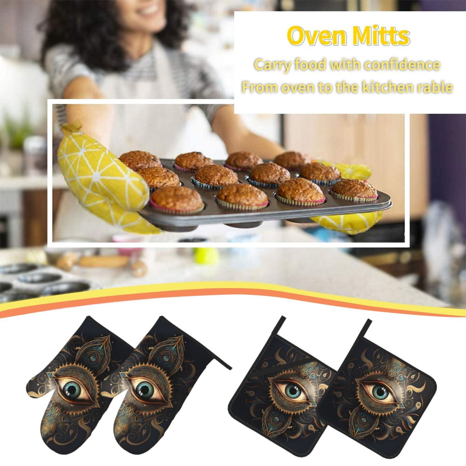 Illuminati Fatima Hamsa All Seeing Eye Art 4Pcs Oven Mitts and Pot Holders Sets Oven Kitchen Gloves Hot Pads for Cooking BBQ Baking Grilling
