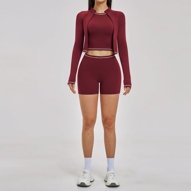 PISONIC Womens Workout Sets Color Block Long Sleeve Jacket with Tank Top and High Waisted Shorts Gym Athletic Sets