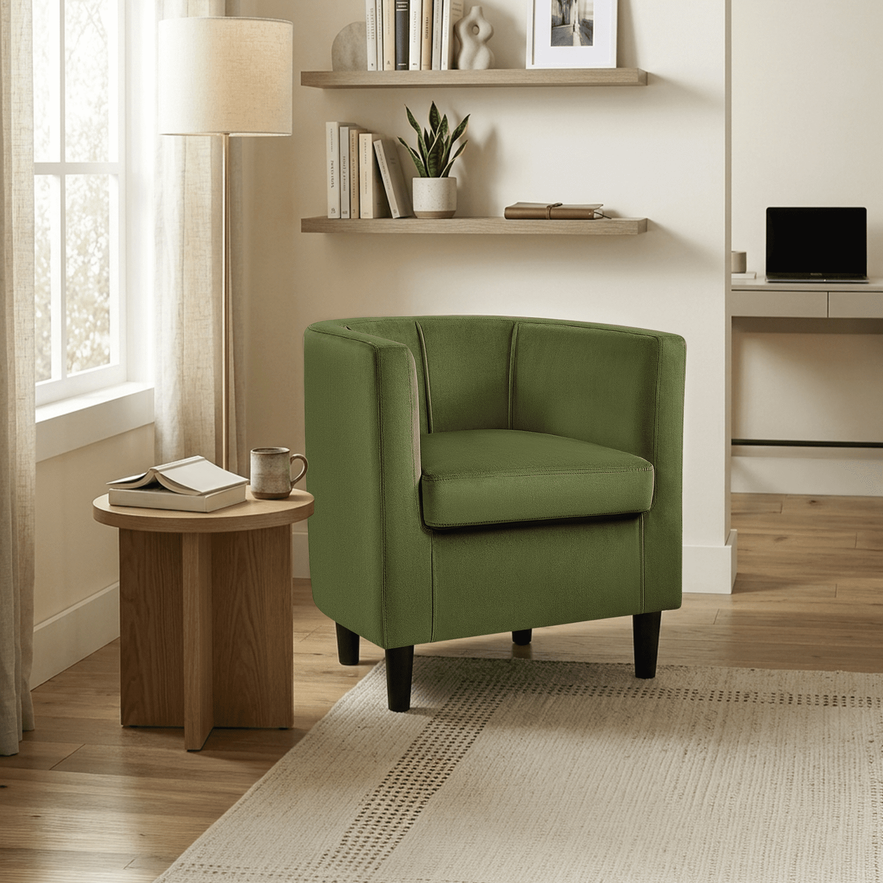 Renwick Upholstered Barrel Shaped Accent Chair with Curved Backrest for Livingroom, Olive Green Velvet, Set of 2