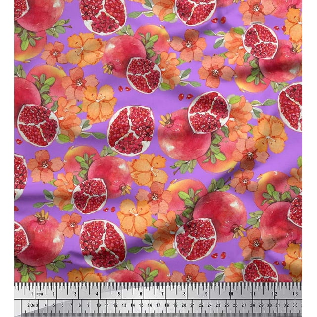 Soimoi Poly Georgette Fabric Leaves,Floral & Pomegranate Fruits Print Fabric by Yard 52 Inch Wide
