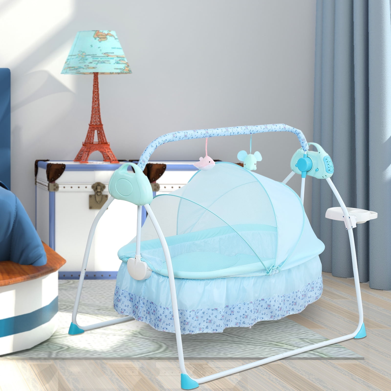 Color : Blue Balance Bouncer Cradle Baby Electric Auto-Swing Bed,Children Music Cradle Swing Safe Basket Space Crib Suitable for 0-24 Months Baby 