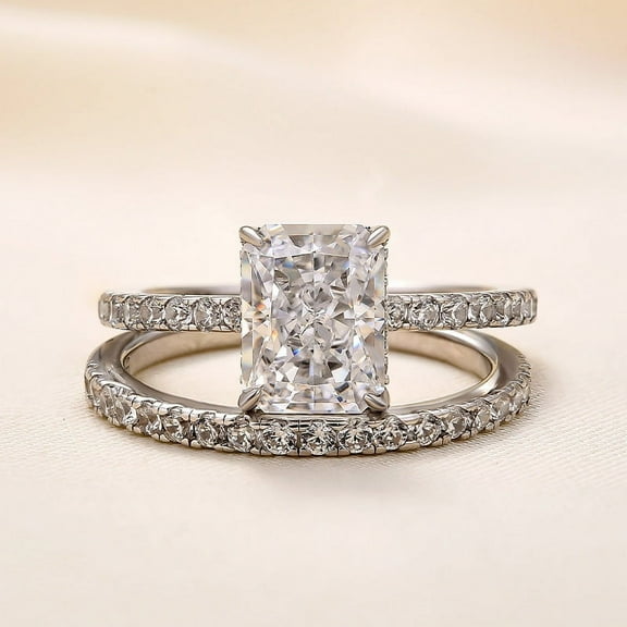 Eloya Jewel Radiant Cut Hidden Halo Bridal Ring Set - 1.9 Ct Lab Created Diamond in 14K White Gold Plated - Engagement Set for Weddings