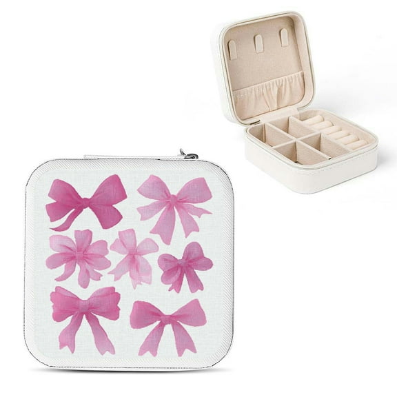 Autua Pink Bows Jewelry Box Travel Case for Necklaces Rings Earrings White