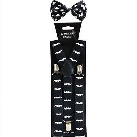 Adult BW Mustaches Suspenders and Bow Tie Set Adjustable Wedding Prom - New with box/tags