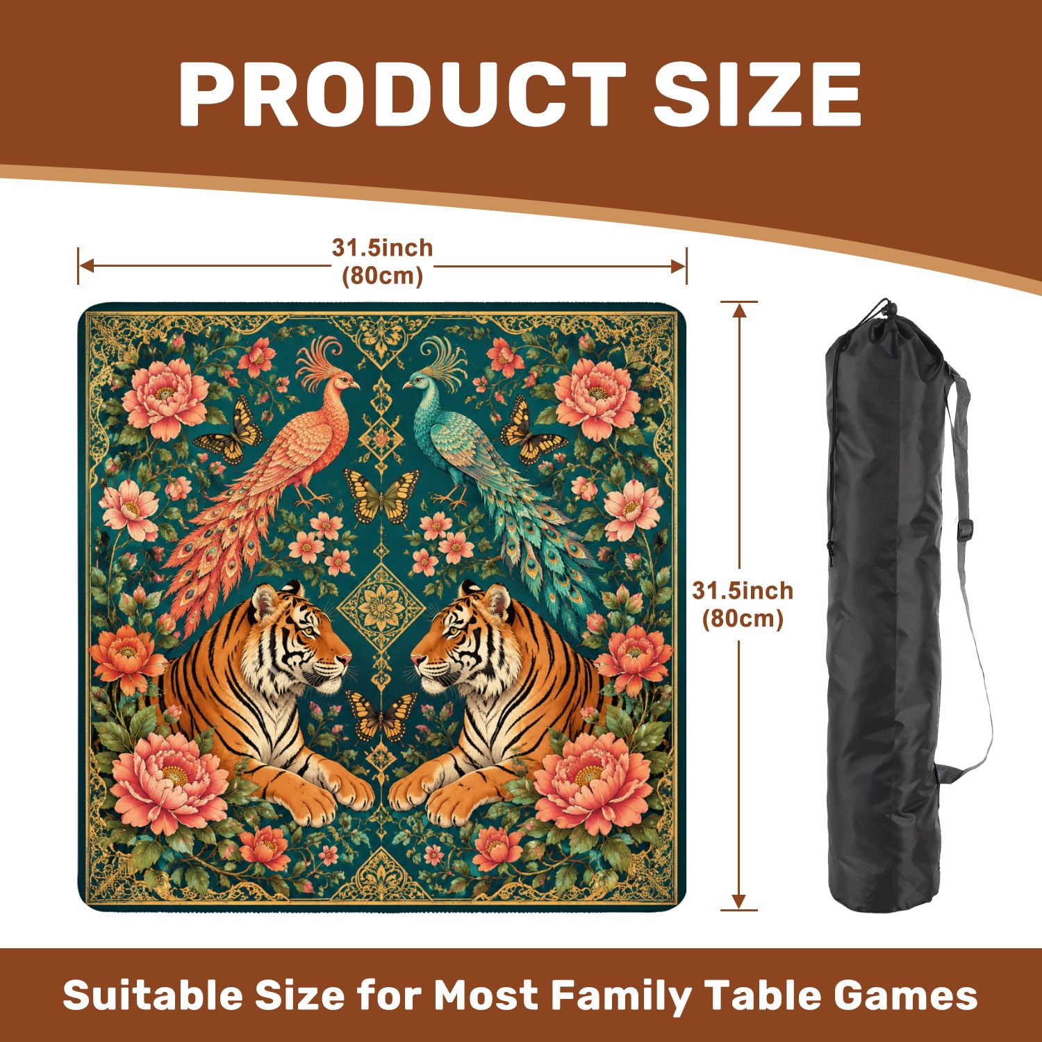 Mahjong Mat 31.5" x 31.5" Tigers Exotic Birds Floral Ornamental Teal Non-Slip Noise Reduction Mahjong Tiles Table Cover for Dominoes Poker Card Board and Tile Games