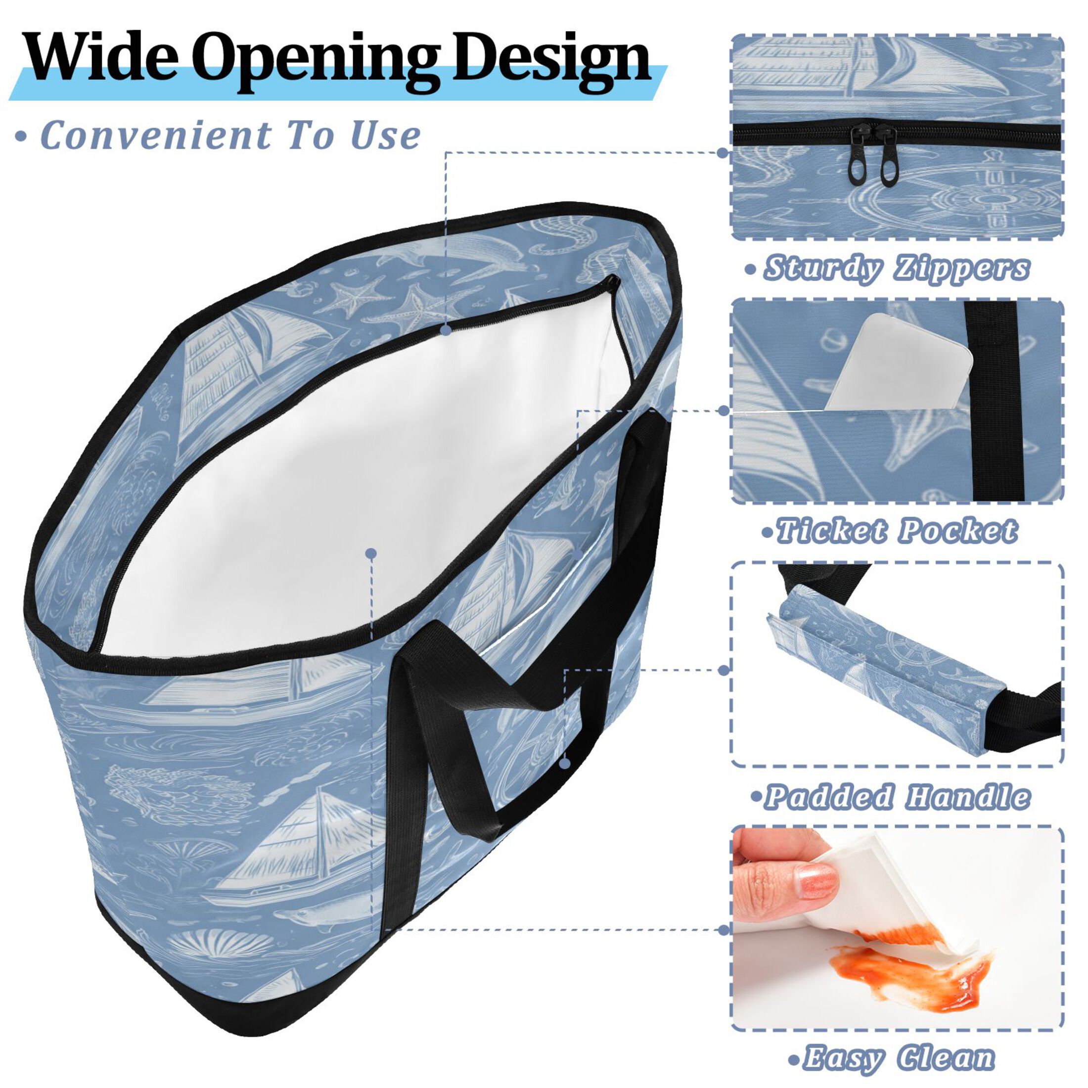 Extra-Large Wide Opening Design Capacity Hand-Held Ice Pack Thickened Insulation Layer For Long-Lasting Cold Retention For Outdoor Shopping Picnics And Camping Blue Nautical Style Pattern