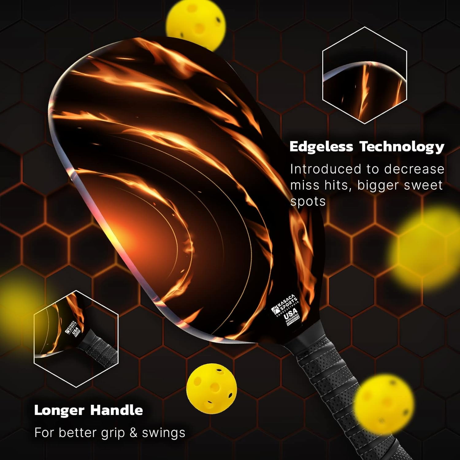 Kasaca Cosmic Ray Edgeless Graphite T700 Multilayer Carbon Fiber Pickleball Paddles, Longer Handle Comfort Grip, Large Sweet Spots, USAPA Approved, for Intermediate & Advanced Players