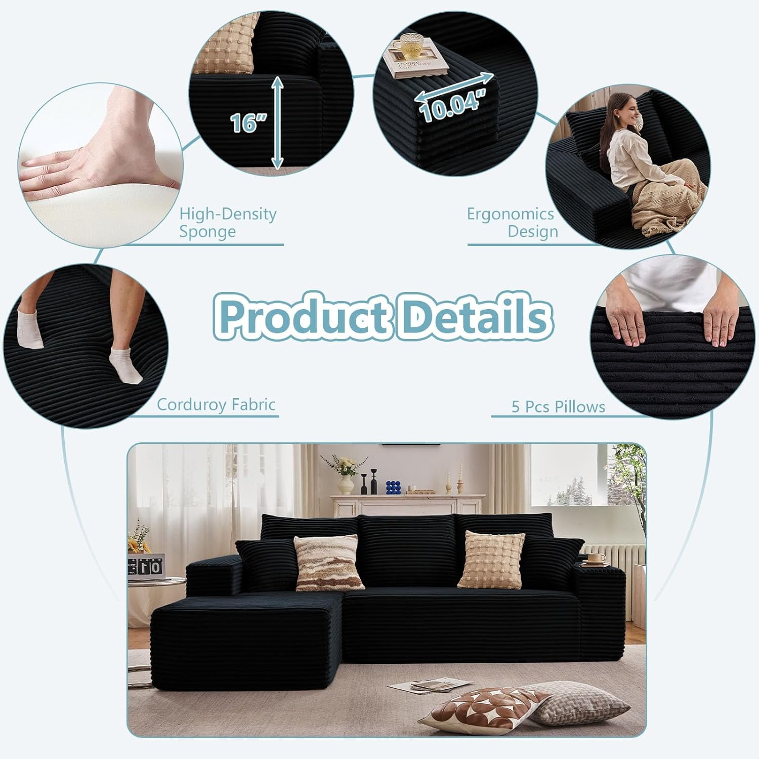 LUCKHAO Left-Facing Chaise Corduroy Tufted Sectional Sofas with 3 Large Cushions, Black