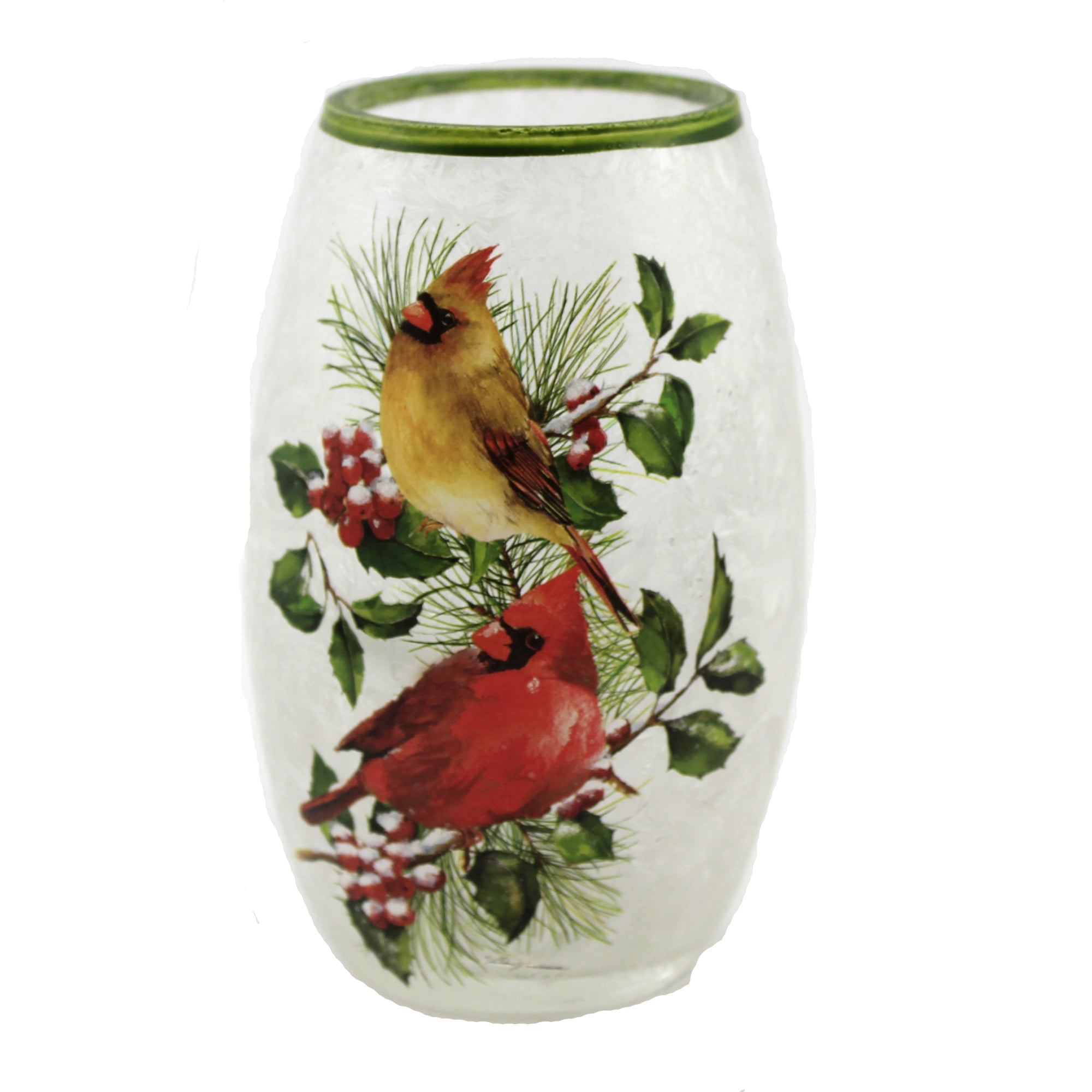 Stony Creek 7 Lighted Vase Cardinal with Berries Frosted Glass
