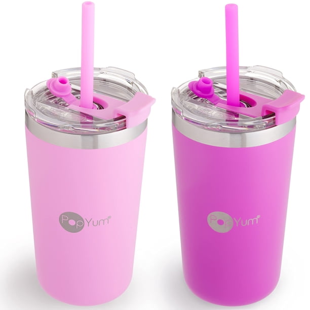 PopYum Vasos para niños aislados de acero inoxidable de 13 oz con tapa y pajita, paquete de 2, morado, rosa, apilables, para sorber, bebé, niño, niño pequeño, vaso, doble pared, vacío, a prueba de fug