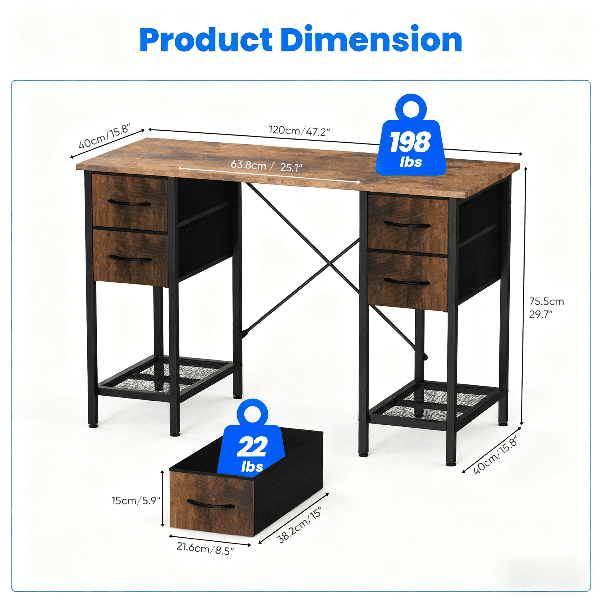 CONCETTA 47 Inch Computer Desk with 4 Drawers & Mesh Shelf, Large Desktop,Storage Desk for Home Office, Gaming & Study, Flexible Setup, Rustic Brown