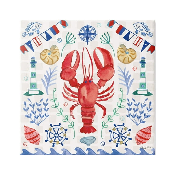 Stupell Industries Lobster on Nautical Pattern Animals & Insects Painting Gallery Wrapped Canvas Print Wall Art, 17 x 17