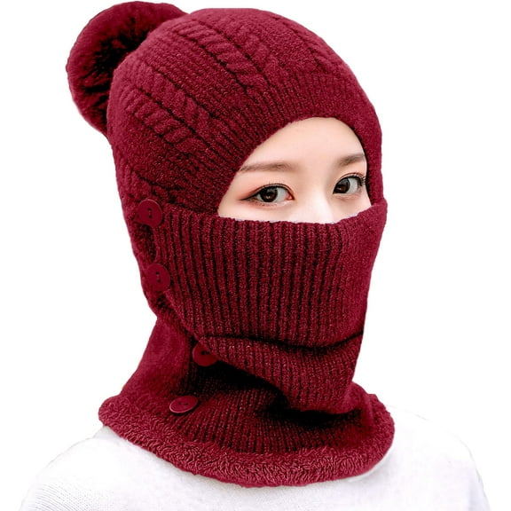 Zhengup Women Winter Beanie Hats One Piece Fleece Lined Knit Balaclavas Mask Set Skull Neck Circle Scarf Ski Snow Hat Pompom