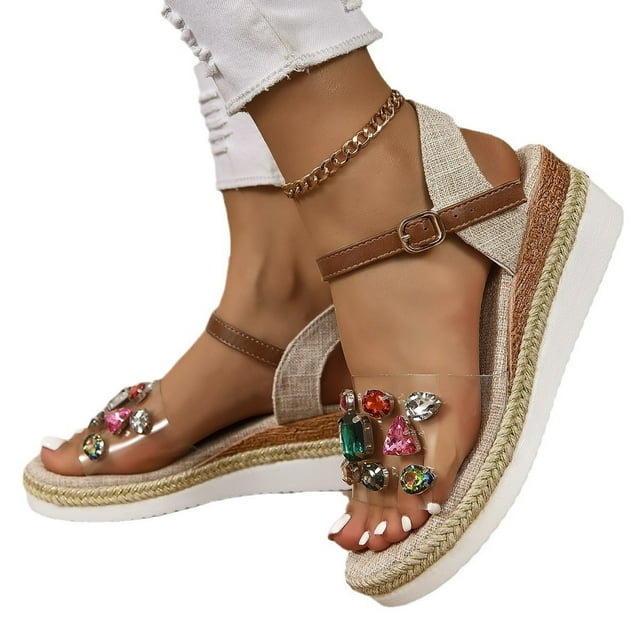LSLJS Women's Wedges Sandals Rhinestone Wedge Buckle Thick-soled Platform Fish Mouth Fashionable Comfortable Sandals