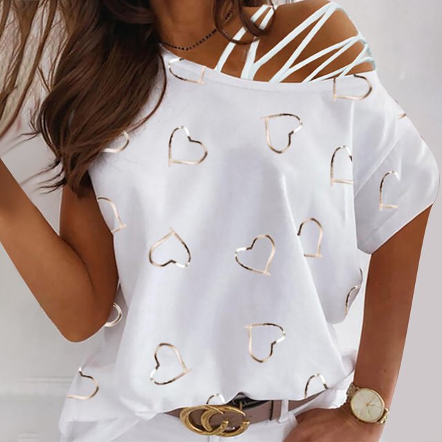 Pntutb Mujeres Verano O-cuello Manga Corta Amor Imprimir Sin Tirantes Camiseta tops Blusas Pntutb Pntutb-5978