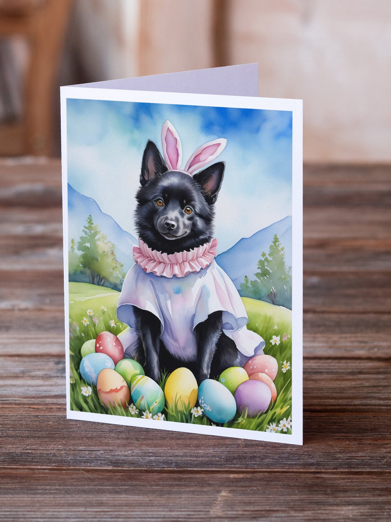Schipperke Easter Egg Hunt Greeting Cards Pack of 8 7 in x 5 in