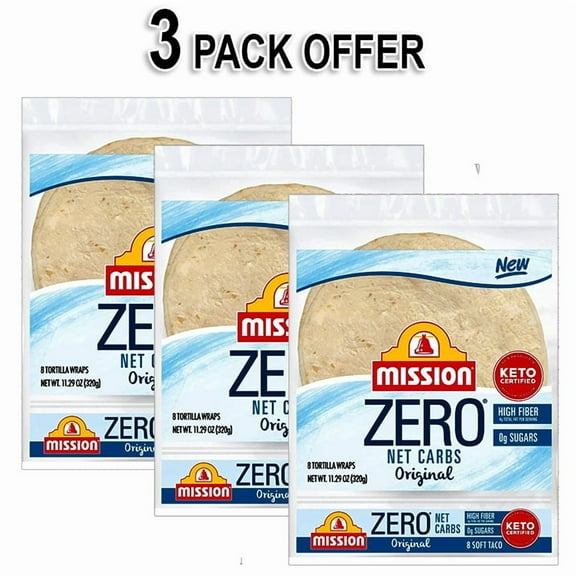 Mission Zero Net Flour Tortillas - 0g Net Carbs - Keto Certified - 8.0" Soft Taco - 8 Count, 11.29 oz. (3 Pack)
