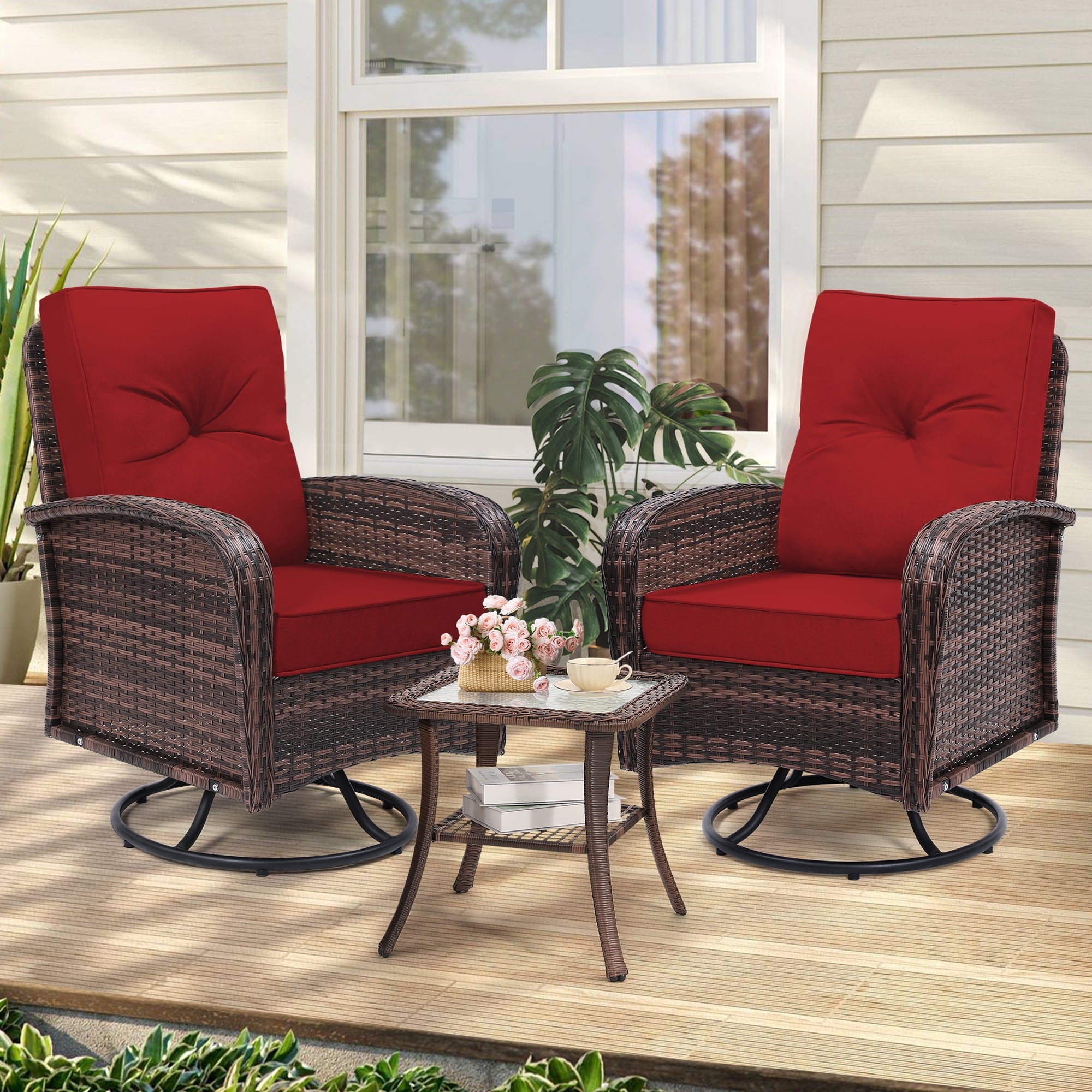 LOGYAT Outdoor Swivel Wicker Pulley Patio Chair with Washable Cushions, Two Chairs and a Tempered Glass Top Table, Ideal for Porches, Balconies, Decks, Brown Rattan， Red Cushion