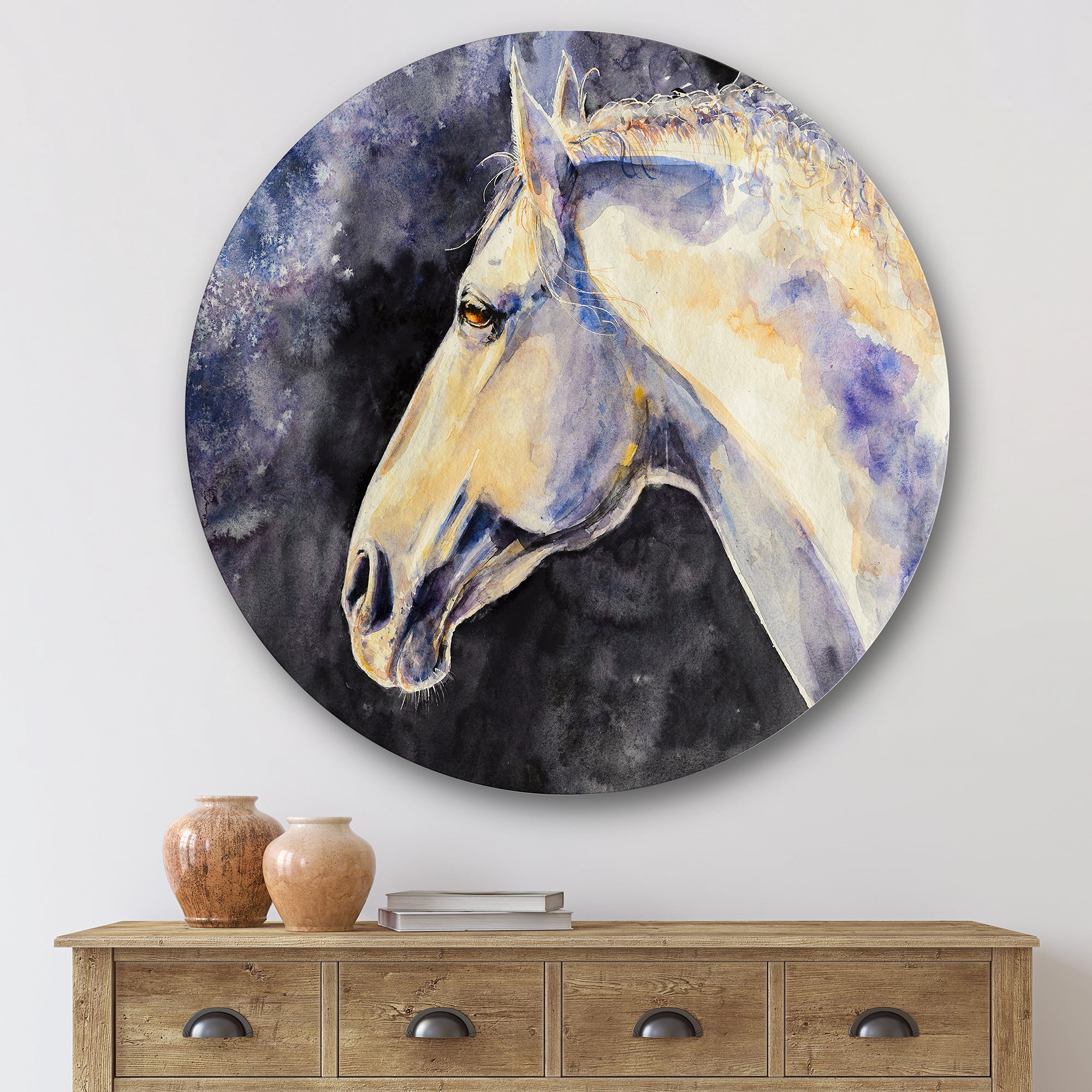 Designart 'Close Up Of The Head of A Lipizzan Horse' Farmhouse Circle Metal Wall Art 29x29 - Disc of 29