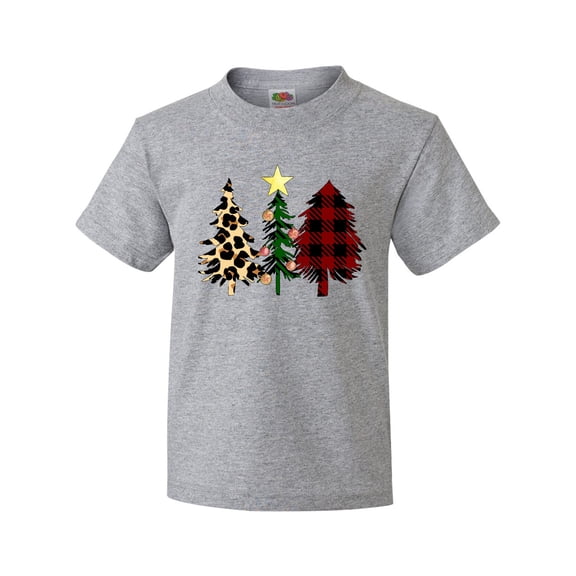 Inktastic Three Christmas Trees in Plaid and Leopard Print Youth T-Shirt