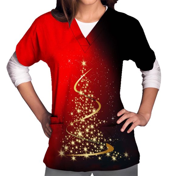 Womens Tops Dressy Casual Spring 2023 Women Short Sleeve V-neck Tops Uniform Christmas Tree Printed Pockets Blouse Nursing Womens Work Blouse on Clearance