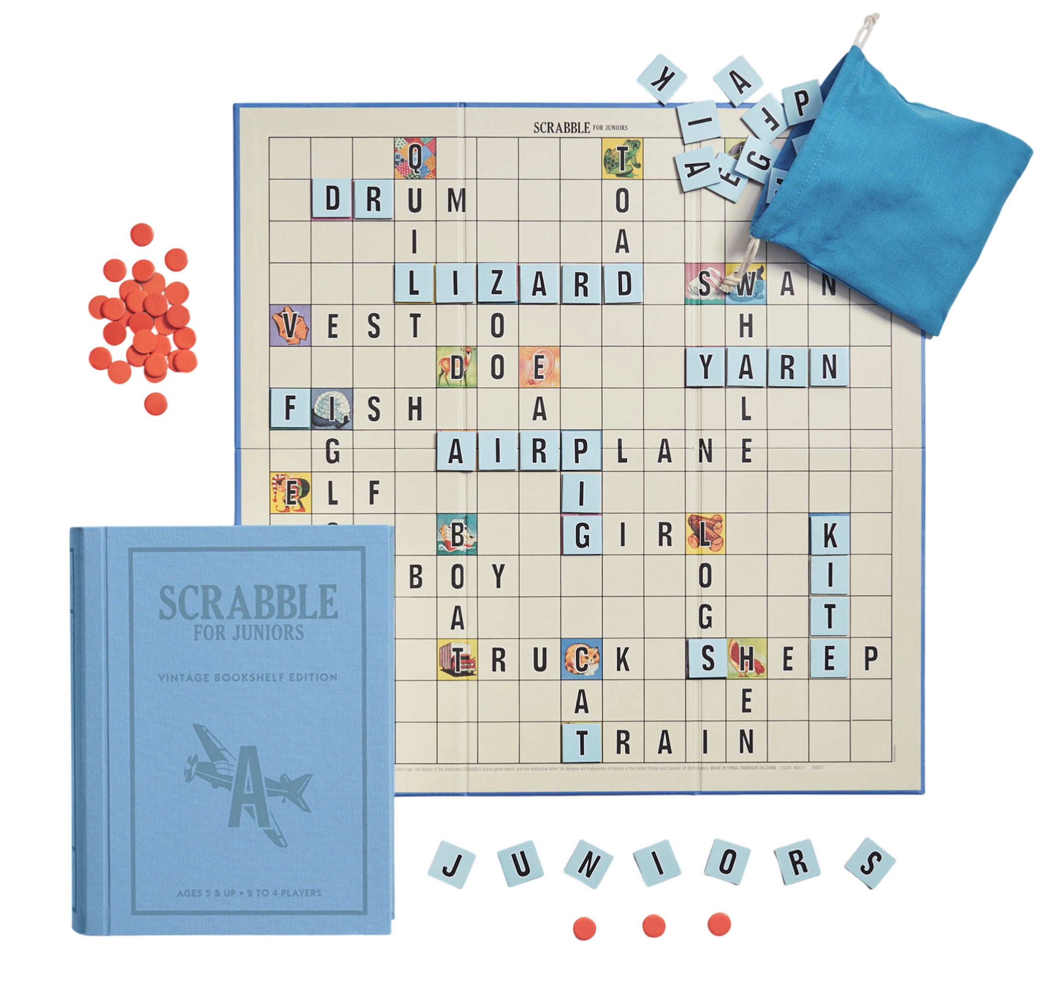 WS Game Company Scrabble Junior Vintage Bookshelf Edition – 2-Sided Board Grows with Your Child – Fabric Wrapped Book Storage Word Game for Ages 5 and Up