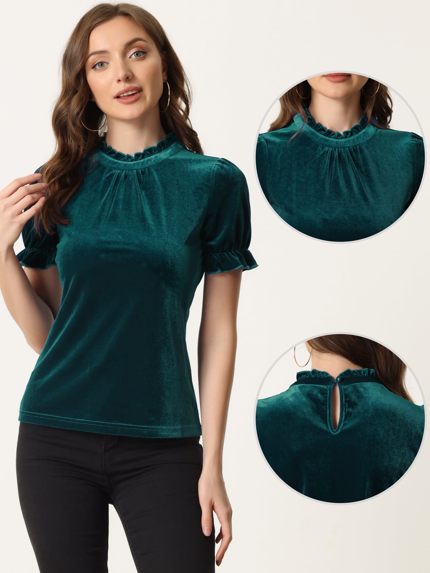 DARING DIVA Women's Ruffle Collar Shirt Velvet Tops Blouse XS Blue Green