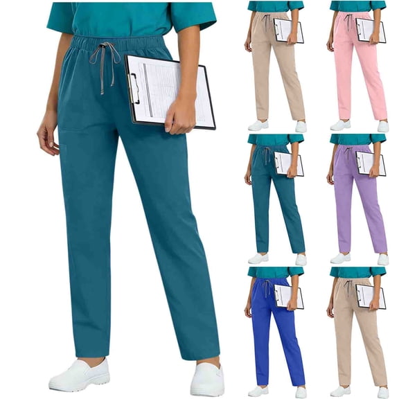 Hvogkswy Scrub Pants Womens Solid Drawstring Elastic Waist Straight Leg Pants with Pockets Soft Comfy Lightweight Scrub Pants