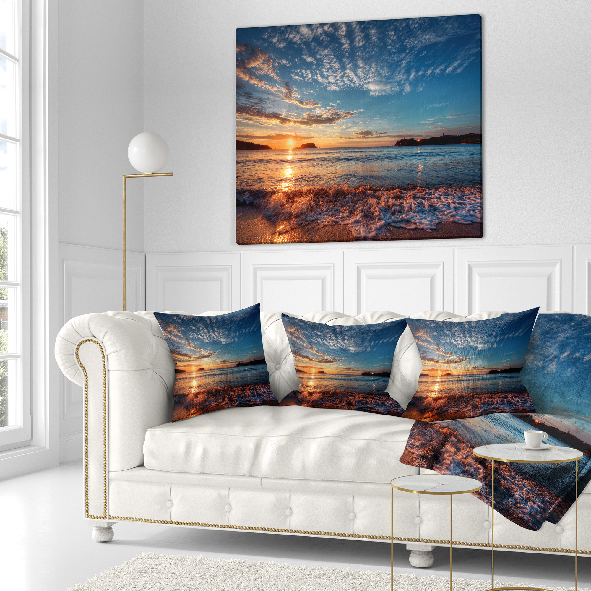 Designart Tranquil Beach and Whimsical Clouds - Seashore Photo Throw Pillow - 16x16