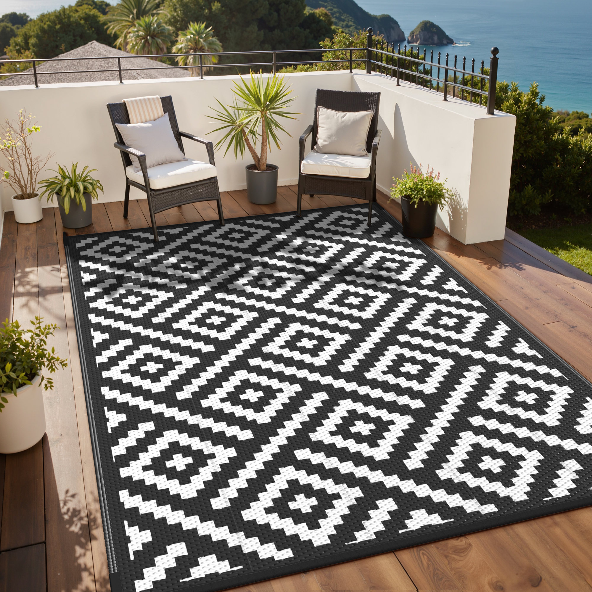 DEORAB 6'x9' Waterproof Reversible Outdoor Rug, Black & White photo 5