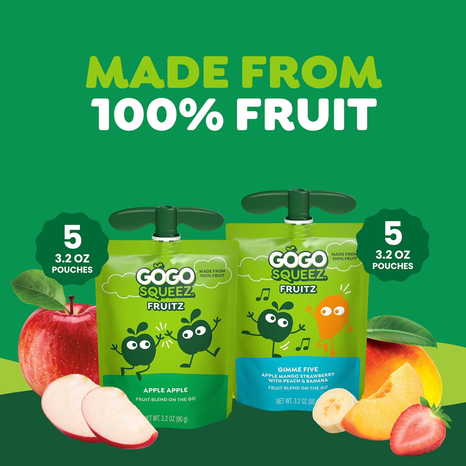 GoGo squeeZ No Sugar Added Apple & Gimme 5 Applesauce & Fruit Puree Variety, 3.2 oz (10 Pack)