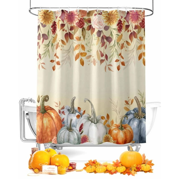 Fall Orange Shower Curtain Set ，Waterproof Fabric Shower Curtains Pumpkin Fall Leaves Flowers Thanksgiving Ombre Shower Curtains for Bathroom,Bathroom Decor 66"x72"