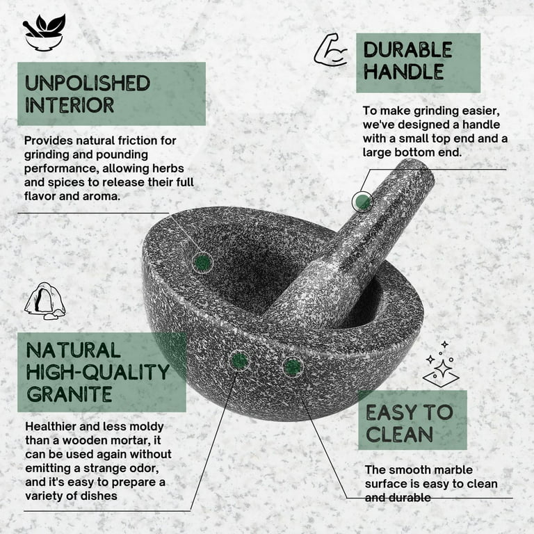 Granite Mortar and Pestle Set - Solid Granite Stone Grinder Bowl Holder 6.4  Inch For Guacamole, Herbs, Spices, Garlic, Kitchen, Cooking, Medicine 