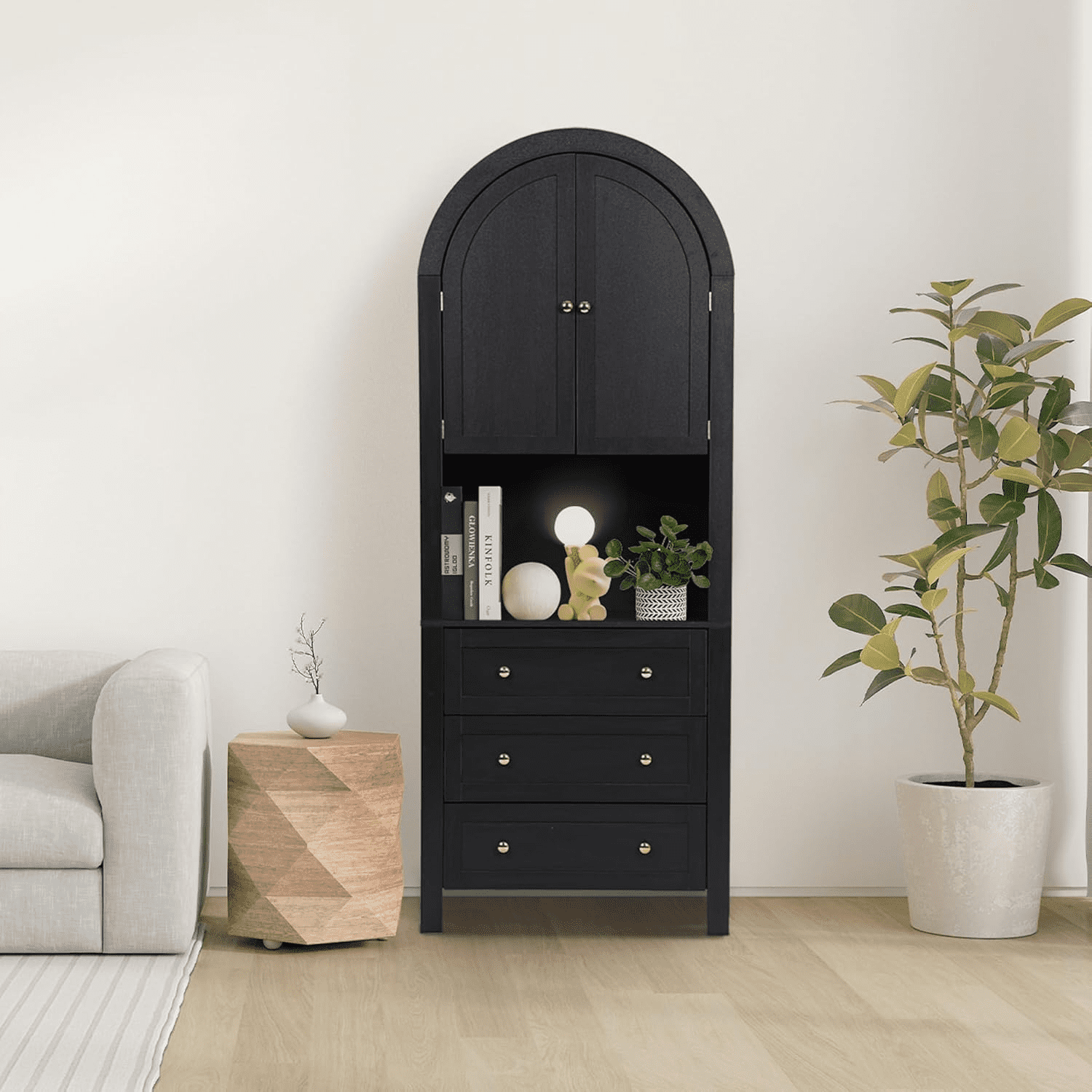 LEFHDA 6-Tier Arched Storage Cabinet with Drawer, Cabinet with Doors and Countertop, Arched Bookcase with Storage, Kitchen Pantry Cabinet, Wooden Storage Cabinet for Living Room