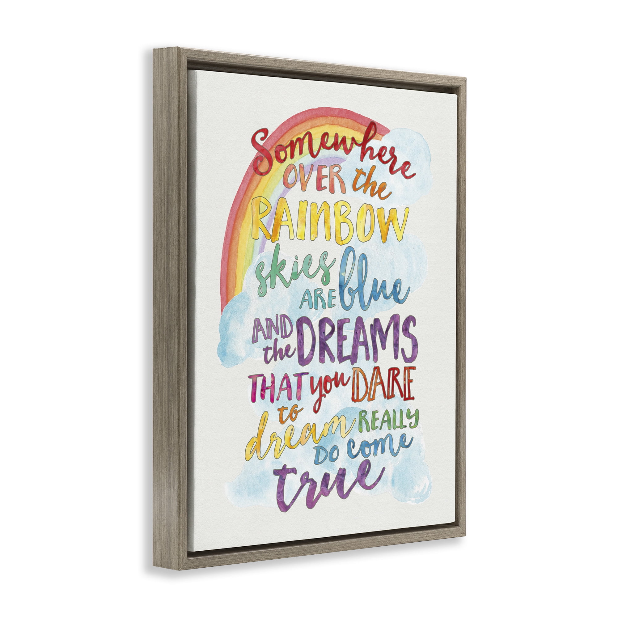 Stupell Industries Somewhere Over the Rainbow With Rainbow Art for Kids Painting Brown Floater Framed Canvas Art Print Wall Art, 25 x 31