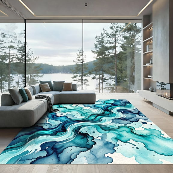 ODIKA 4'x6' Machine Washable Non-Slip Area Rug, Abstract Teal High Traffic Rug, Blue, 984990