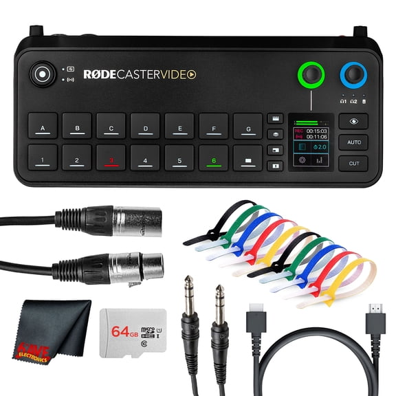 RODE RODECaster Video All-in-One Production Console | Integrated Audio & Video Mixer with Multi-Camera Switching, Touchscreen & USB-C Interface   64GB Memory Card   XLR Cable   HDMI Cable   More
