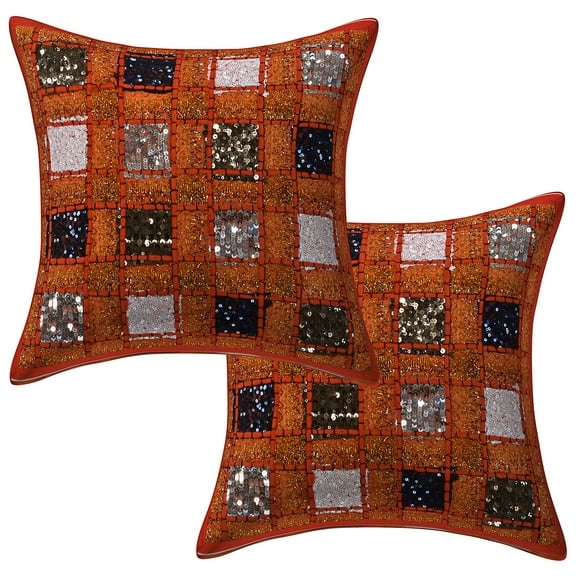 Stylo Culture Indian Decorative Throw Pillow Covers 16 x 16 Patchwork Embroidered Orange Sequins 40x40 cm Home Decor Cotton Geometric Square Cushion Covers | Set Of 2