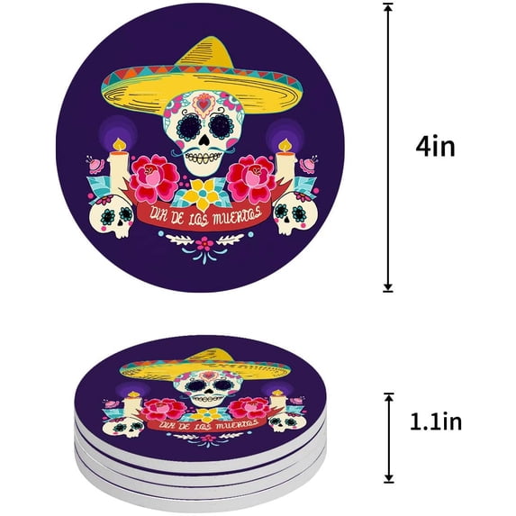 FMSHPON Halloween Flowers Skull Straw Hat Skeleton Set of 8 Round Coaster for Drinks, Absorbent Ceramic Stone Coasters Cup Mat with Cork Base for Home Kitchen Room Coffee Table Bar Decor