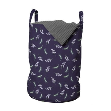 Floral Laundry Bag, Lilac Bell Flowers and Green Ears of Wheat Style Pattern, Hamper Basket with Handles Drawstring Closure for Laundromats, 13" x 19", Dark Purple Mint Green, by Ambesonne