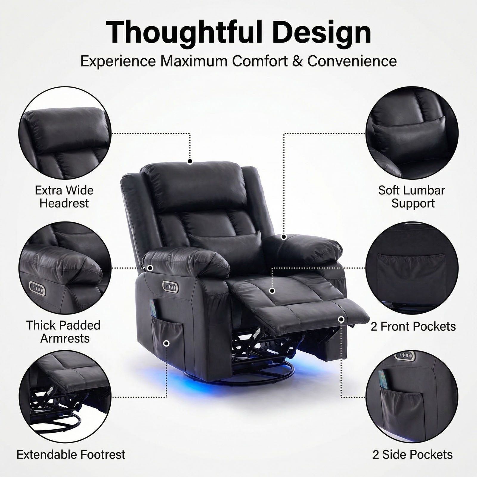 IPKIG Electric Power Recliner with Heat & Massage, 240° Swivel Rocking Chair for Living Room, LED Home Theater Recliner, Faux Leather Black