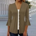 thumbnail image 1 of VKOYWKM 3/4 Length Sleeve Womens Tops Trendy Eyelet Embroidery Tees Button Down V Neck Pullover Tops Solid Color Ruffle Bell Sleeve Tunic Blouses, 1 of 5